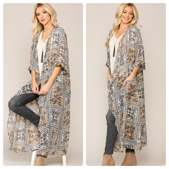 Boho Windowpane Floral Print Long Kimono w/Pockets - Picture 4 of 10